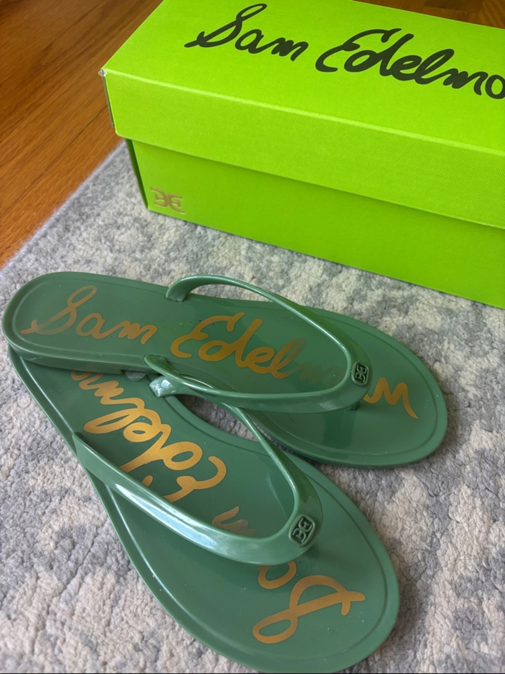 Sam Edelman Green Glossy Jelly Flip Flops with Gold Logo